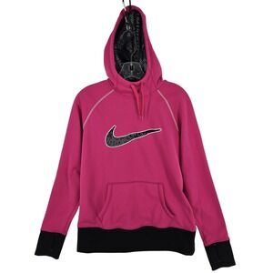 Nike Therma-Fit Hoodie Womens Large Pink Black Swoosh Pullover Fleece 685880-616